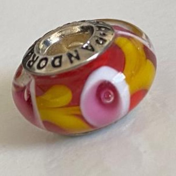 PANDORA Silver 925 ALE Murano Glass Screw Core Pink, Yellow, Red  Flower Blossom - Picture 7 of 8